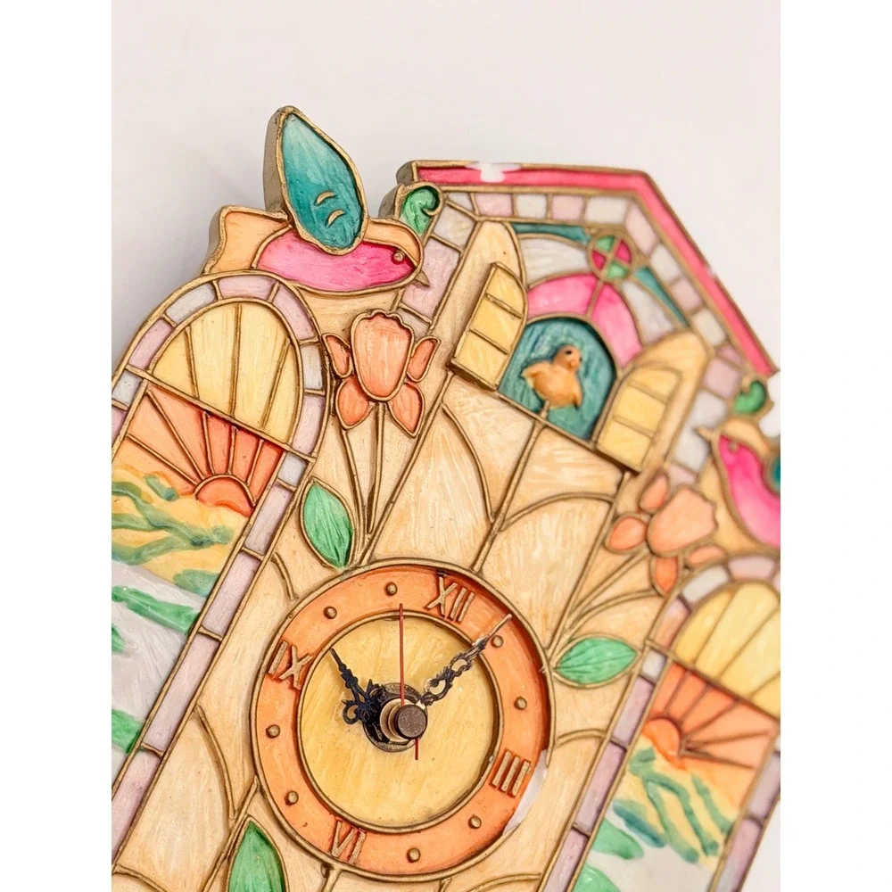 Vintage Style Faux Stained Glass Bird Cuckoo Wall Clock Nature Theme Untested